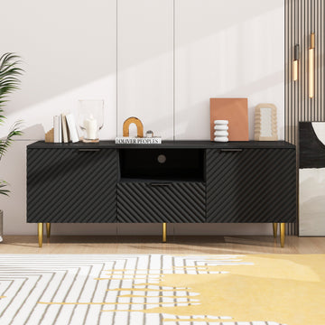 59 Inch TV Stand with Solid Ion Feet, Modern TV Media Console Table for TVs  Up to 65 Inch for Living Room Sideboard Storage Cabinet, Black