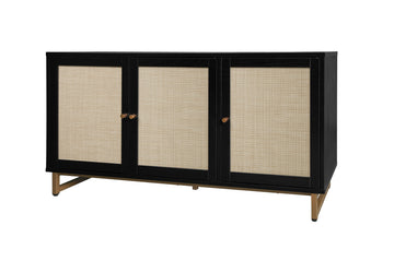 3 Door Storage Cabinet with Adjustable Shelf TV Media Console Cabinet with Rattan Doors and Metal Leg Entertainment Center Cabinet with Cable Hole, Black