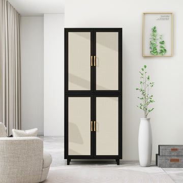Storage Cabinet with 4 Doors Tall Storage Cabinet with Rattan Doors and Adjustable Shelf Freestanding Cupboard for Kitchen Living Room, Black