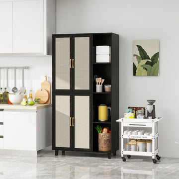 Storage Cabinet with 4 Doors and Open Storage Shelf Tall Storage Cabinet with Rattan Doors and Adjustable Shelf Freestanding Cupboard for Kitchen Living Room, Black