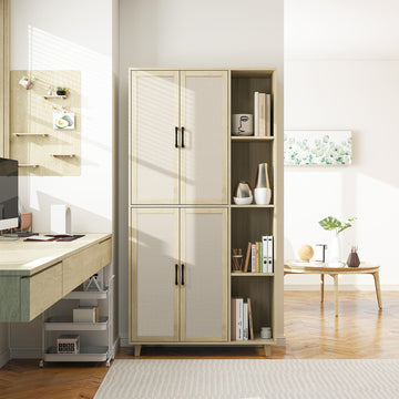 Storage Cabinet with 4 Doors and Open Storage Shelf Tall Storage Cabinet with Rattan Doors and Adjustable Shelf Freestanding Cupboard for Kitchen Living Room, Natural
