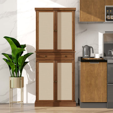 Tall Storage Cabinet with Drawers 4 Rattan Door Storage Cabinet with Adjustable Shelf Freestanding Cupboard for Kitchen Living Room, Brown