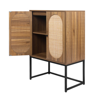 High Storage Cabinet with 2 Rattan Doors Freestanding Shoe Cabinets with Built-in Adjustable Shelf and Matel Leg Hallway Entryway Cabinets, Brown