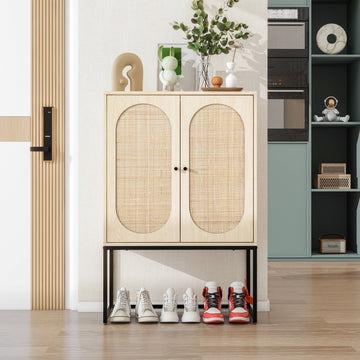 High Storage Cabinet with 2 Rattan Doors Freestanding Shoe Cabinets with Built-in Adjustable Shelf and Matel Leg Hallway Entryway Cabinets, Natural