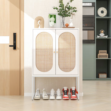 High Storage Cabinet with 2 Rattan Doors Freestanding Shoe Cabinets with Built-in Adjustable Shelf and Matel Leg Hallway Entryway Cabinets, White