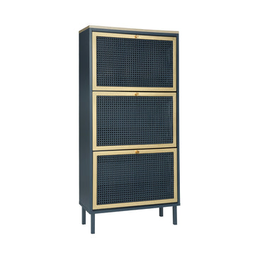 Freestanding Modern Shoe Storage Cabinet 3 Metal Rattan Door Shoe Rack Shoe Cabinet with 3 Flip Drawers for Entryway Living Room, Blue
