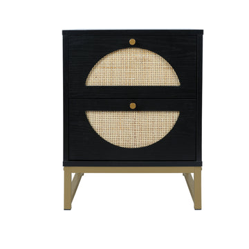 2 Drawer Nightstand Bedside Table with Rattan Drawers Side Table End Table for Living Room Small Nightstand Storage Cabinet for Bedroom, Black