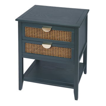 2 Drawer Nightstand Bedside Table with Rattan Drawers Side Table End Table with Storage Small Nightstand with Open Shelf for Bedroom, Green
