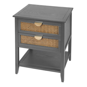 2 Drawer Nightstand Bedside Table with Rattan Drawers Side Table End Table with Storage Small Nightstand with Open Shelf for Bedroom, Blue