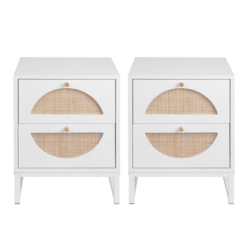 2 Drawer Nightstand Set of 2 Bedside Table with Rattan Drawers Side Table End Table for Living Room Small Nightstand Storage Cabinet for Bedroom, White