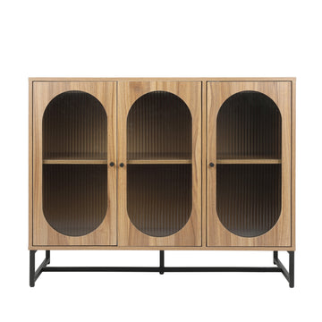3 Door Storage Cabinet with Metal Leg Modern Sideboard Buffet Cabinet with Glass Doors Buffet Server Console Table for Dining Room, Living Room, Kitchen, Hallway