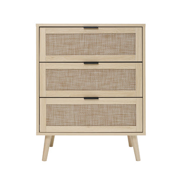 3 Drawer Storage Cabinet Rattan Dressers Chest of Drawers Entryway Cabinet Fluted Nightstand Bedside Table Dresser for Bedroom Living Room, Natural
