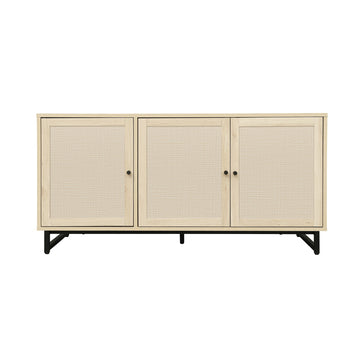 3 Door Storage Cabinet with Adjustable Shelf TV Media Console Cabinet with Rattan Doors and Metal Leg Entertainment Center Cabinet with Cable Hole, Natural