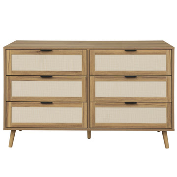 Rattan 6 Drawer Dresser Modern Closet Dressers Chest of Drawers Storage Cabinet with Drawers Entryway Cabinet for Living Room, Brown