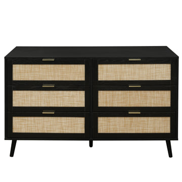 Rattan 6 Drawer Dresser Modern Closet Dressers Chest of Drawers Storage Cabinet with Drawers Entryway Cabinet for Living Room, Black