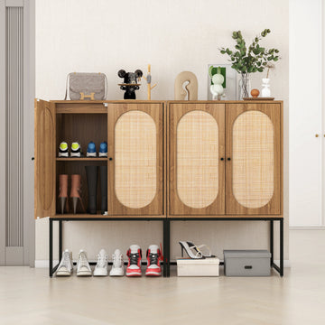 Storage Cabinet Set of 2 Storage Cabinet with 2 Rattan Doors Freestanding Shoe Cabinets with Built-in Adjustable Shelf Entryway Cabinets, Brown