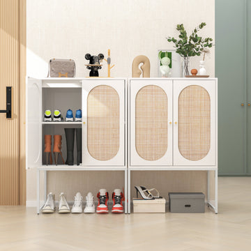Storage Cabinet Set of 2 Storage Cabinet with 2 Rattan Doors Freestanding Shoe Cabinets with Built-in Adjustable Shelf Entryway Cabinets, White