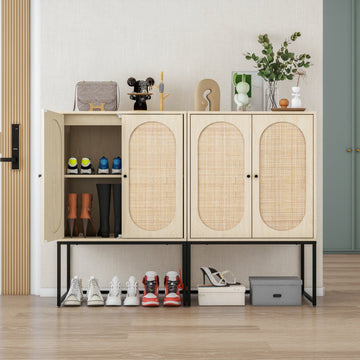 Storage Cabinet Set of 2 Storage Cabinet with 2 Rattan Doors Freestanding Shoe Cabinets with Built-in Adjustable Shelf Entryway Cabinets, Natural
