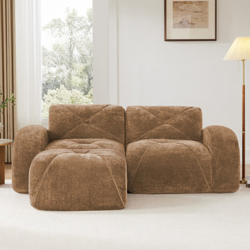 L Shaped Boneless Sofa with Ottoman Soft Velvet Tufted No Assembly Bedroom Lounge Camel