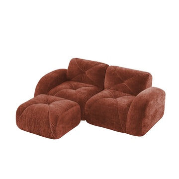 L Shaped Boneless Sofa with Ottoman Soft Velvet Tufted No Assembly Bedroom Lounge Red+Brown