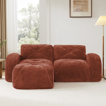 L Shaped Boneless Sofa with Ottoman Soft Velvet Tufted No Assembly Bedroom Lounge Red+Brown