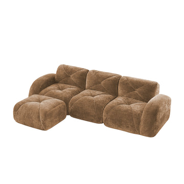 L Shaped Soft Velvet Boneless Sofa with Tufted Design Movable Ottoman 32D High Density Sponge Ergonomic Anti Slip Design No Assembly Required for Living Room Camel