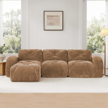 L Shaped Soft Velvet Boneless Sofa with Tufted Design Movable Ottoman 32D High Density Sponge Ergonomic Anti Slip Design No Assembly Required for Living Room Camel