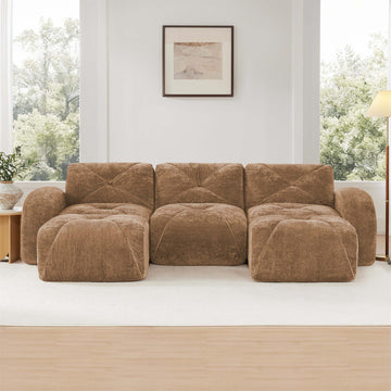 U Shaped Boneless Sofa with Tufted Design 32D High Density Sponge Bottom Anti Slip Free Combination Movable Ottomans for Study And Home Theater Camel