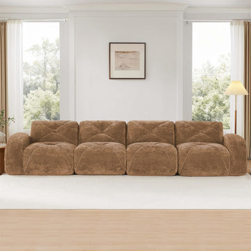 140 in Soft Velvet Fabric Boneless Sofa With Tufted 32D High Density Sponge Ergonomic Anti Slip Bottom No Assembly Required for Living Rooms Home Theater Camel