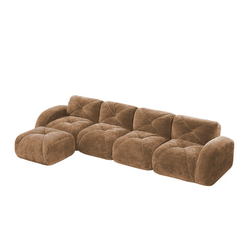 L Shaped Soft Velvet Fabric Tufted Design Sofa 32D High Density Sponge Ergonomic Anti Slip Bottom Free Combination Movable Ottoman No Assembly Required for Living Rooms Camel