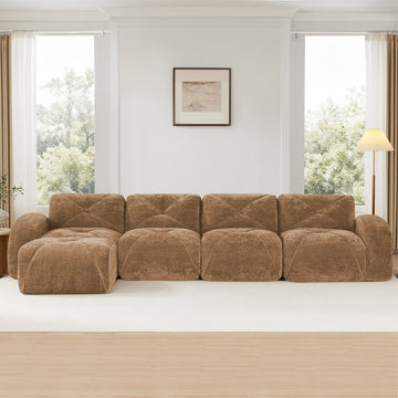 L Shaped Soft Velvet Fabric Tufted Design Sofa 32D High Density Sponge Ergonomic Anti Slip Bottom Free Combination Movable Ottoman No Assembly Required for Living Rooms Camel