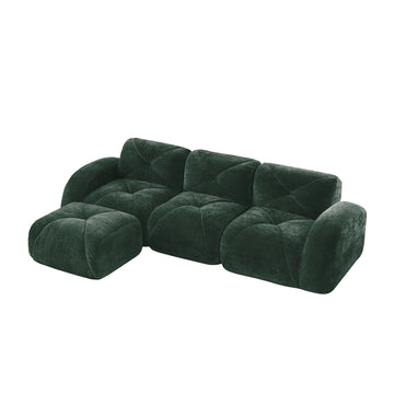 L Shaped Soft Velvet Boneless Sofa with Tufted Design Movable Ottoman 32D High Density Sponge Ergonomic Anti Slip Design No Assembly Required for Living Room Green