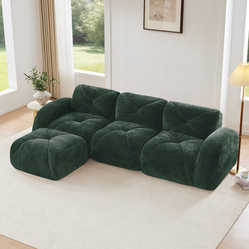 L Shaped Soft Velvet Boneless Sofa with Tufted Design Movable Ottoman 32D High Density Sponge Ergonomic Anti Slip Design No Assembly Required for Living Room Green
