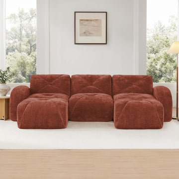 U Shaped Boneless Sofa with Tufted Design 32D High Density Sponge Bottom Anti Slip Free Combination Movable Ottomans for Study And Home Theater Red