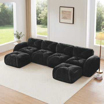 U Shaped Boneless Sofa Movable Ottomans 32D High Density Sponge No Assembly Required Free Combination Anti Slip For Living Room Home Theater Black