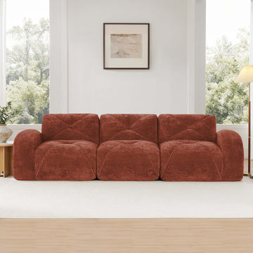 110 Inch Boneless Modular Sectional Sofa Velvet Tufted 32D Foam No Assembly Anti Slip For Study Home Theater Red and Brown