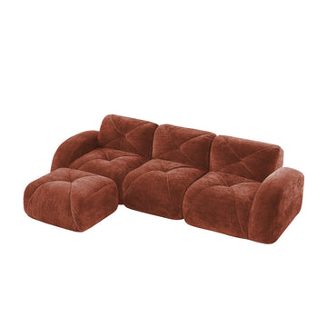 L Shaped Soft Velvet Boneless Sofa with Tufted Design Movable Ottoman 32D High Density Sponge Ergonomic Anti Slip Design No Assembly Required for Living Room Red