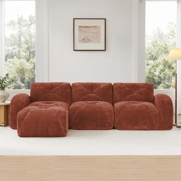 L Shaped Soft Velvet Boneless Sofa with Tufted Design Movable Ottoman 32D High Density Sponge Ergonomic Anti Slip Design No Assembly Required for Living Room Red