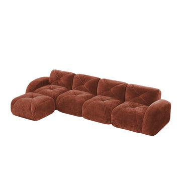 L Shaped Soft Velvet Fabric Tufted Design Sofa 32D High Density Sponge Ergonomic Anti Slip Bottom Free Combination Movable Ottoman No Assembly Required for Living Rooms Red