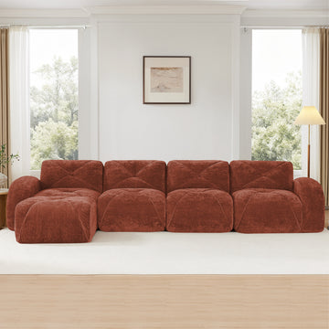 L Shaped Soft Velvet Fabric Tufted Design Sofa 32D High Density Sponge Ergonomic Anti Slip Bottom Free Combination Movable Ottoman No Assembly Required for Living Rooms Red