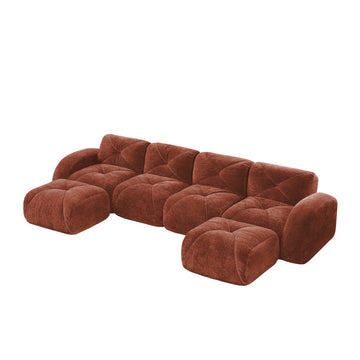 U Shaped Boneless Sofa Movable Ottomans 32D High Density Sponge No Assembly Required Free Combination Anti Slip For Living Room Home Theater Red