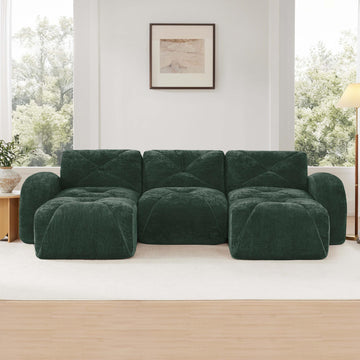 U Shaped Boneless Sofa with Tufted Design 32D High Density Sponge Bottom Anti Slip Free Combination Movable Ottomans for Study And Home Theater Green
