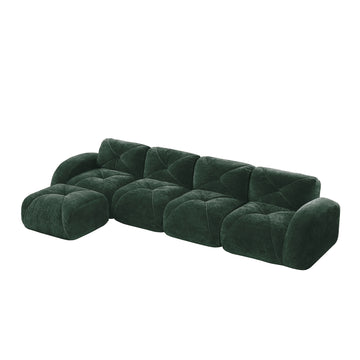 L Shaped Soft Velvet Fabric Tufted Design Sofa 32D High Density Sponge Ergonomic Anti Slip Bottom Free Combination Movable Ottoman No Assembly Required for Living Rooms Green