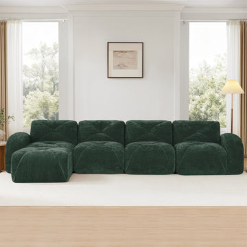L Shaped Soft Velvet Fabric Tufted Design Sofa 32D High Density Sponge Ergonomic Anti Slip Bottom Free Combination Movable Ottoman No Assembly Required for Living Rooms Green