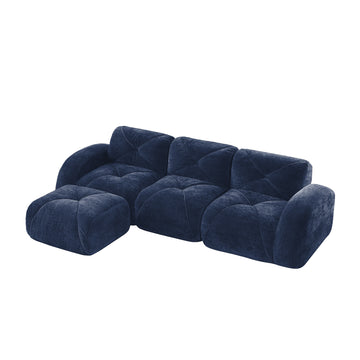 L Shaped Soft Velvet Boneless Sofa with Tufted Design Movable Ottoman 32D High Density Sponge Ergonomic Anti Slip Design No Assembly Required for Living Room Blue
