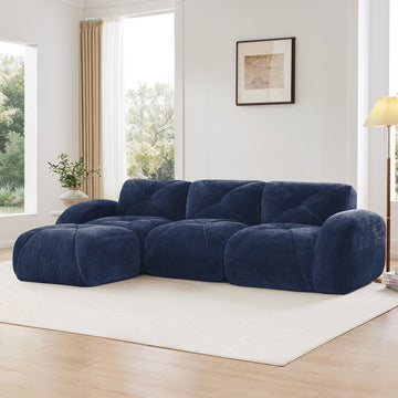 L Shaped Soft Velvet Boneless Sofa with Tufted Design Movable Ottoman 32D High Density Sponge Ergonomic Anti Slip Design No Assembly Required for Living Room Blue