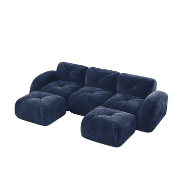 U Shaped Boneless Sofa with Tufted Design 32D High Density Sponge Bottom Anti Slip Free Combination Movable Ottomans for Study And Home Theater Blue