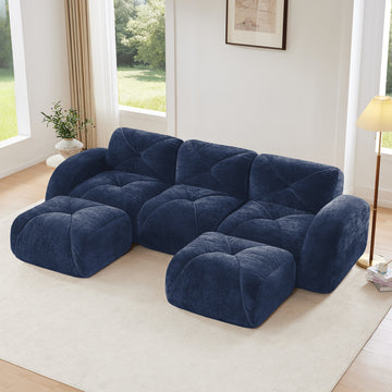 U Shaped Boneless Sofa with Tufted Design 32D High Density Sponge Bottom Anti Slip Free Combination Movable Ottomans for Study And Home Theater Blue