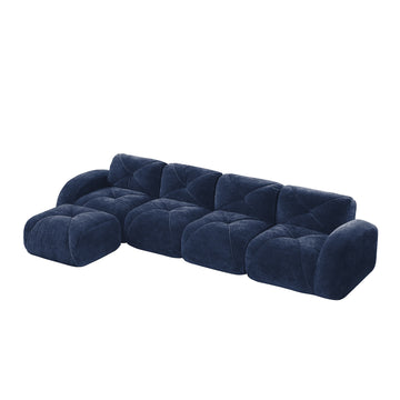 L Shaped Soft Velvet Fabric Tufted Design Sofa 32D High Density Sponge Ergonomic Anti Slip Bottom Free Combination Movable Ottoman No Assembly Required for Living Rooms Blue