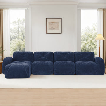 L Shaped Soft Velvet Fabric Tufted Design Sofa 32D High Density Sponge Ergonomic Anti Slip Bottom Free Combination Movable Ottoman No Assembly Required for Living Rooms Blue